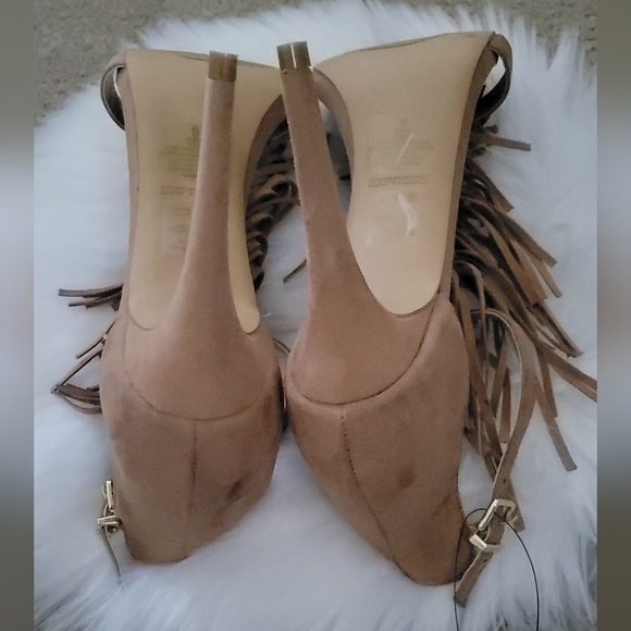 Express Fringe Strappy Heeled Suede Sandals - Picture 6 of 8